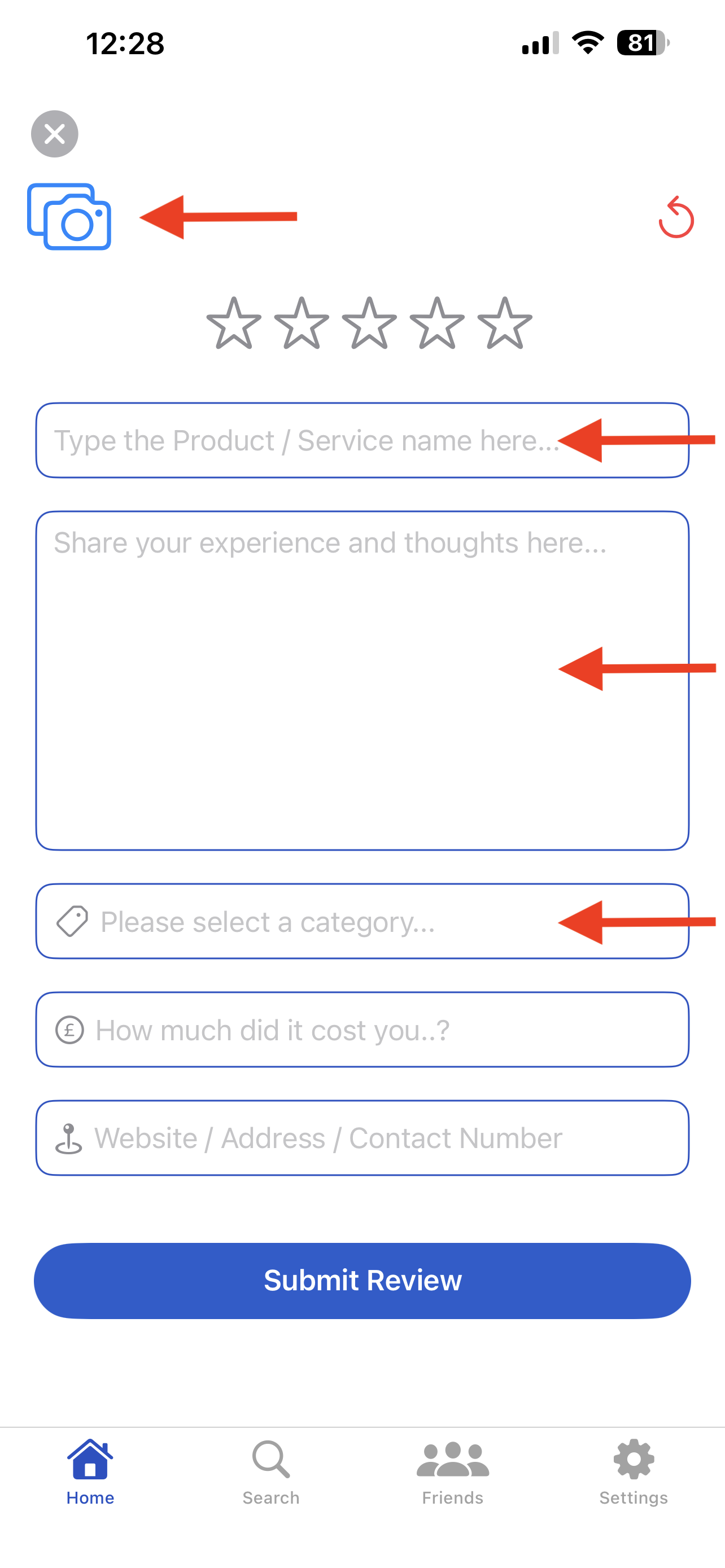 Review form screen showing required fields